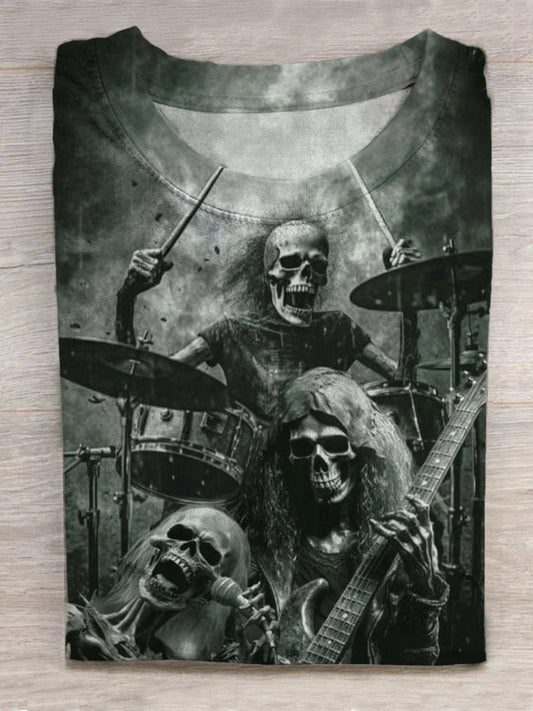 Rock Skull Band Print Round Neck Short Sleeve Men's T-shirt