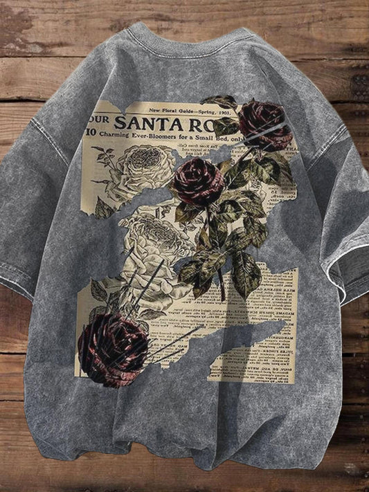 Rose Vintage print Washed Short Sleeve Round Neck Men's T-Shirt
