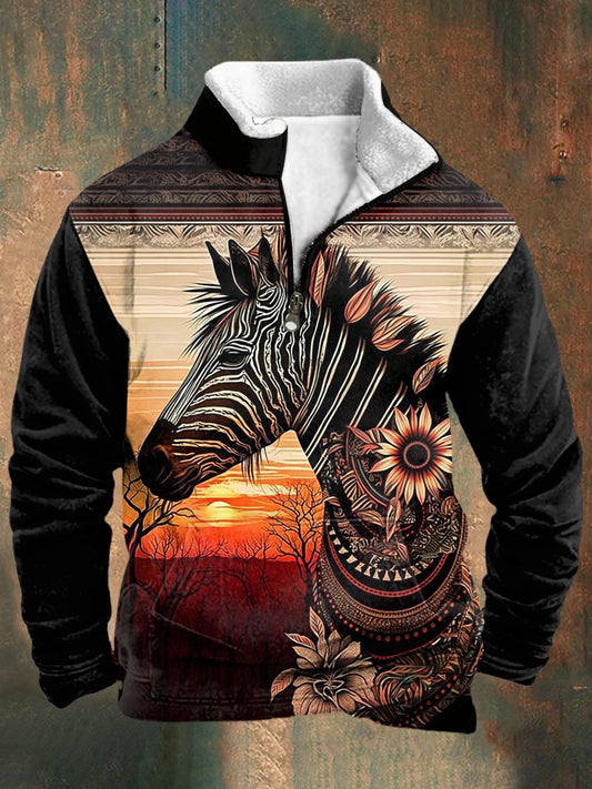 Western Style Zebra Print Men's Long Sleeve Stand Collar Zipper Sweatshirt