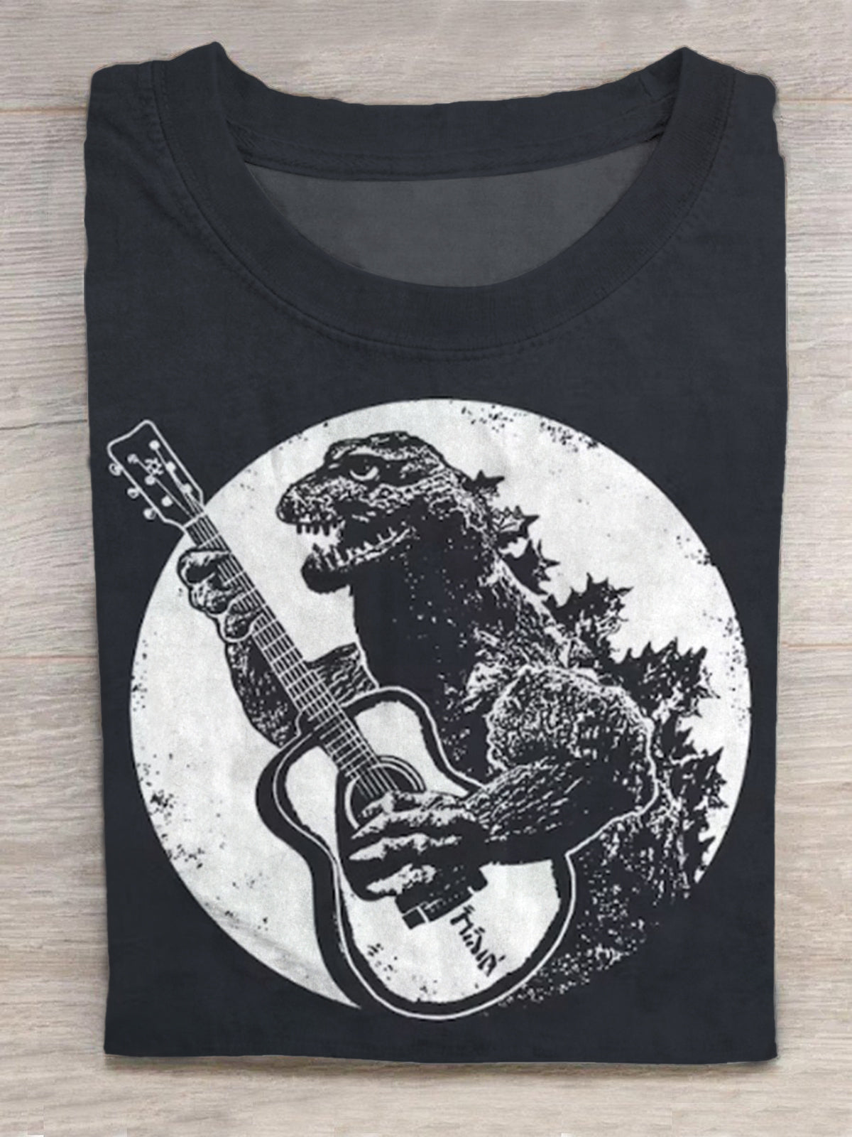 90s Retro Dinosaur Playing Guitar Print Round Neck Short Sleeve Men's T-shirt