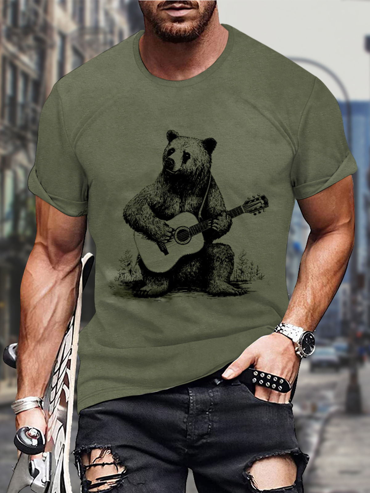 Guitarist Bear Print Round Neck Short Sleeve Men's T-shirt