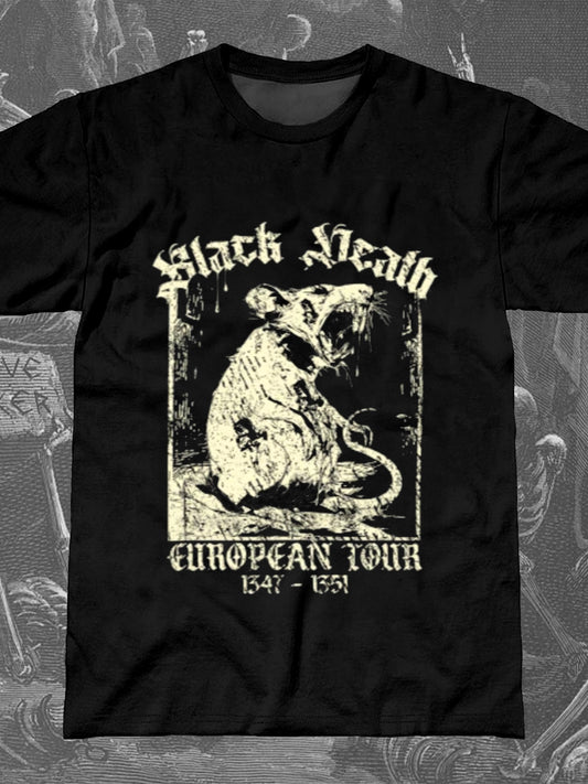 Black Death Rat Print Round Neck Short Sleeve Men's T-shirt