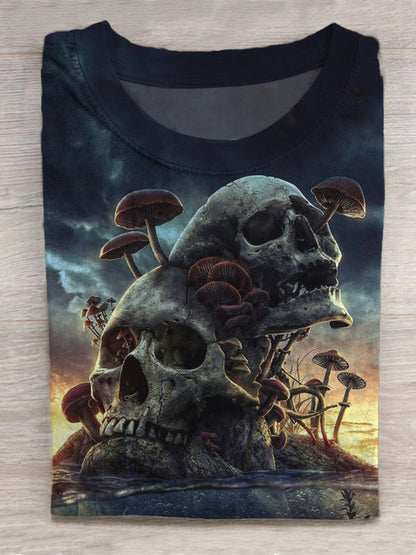Skull Mushroom Print Round Neck Short Sleeve Men's T-shirt