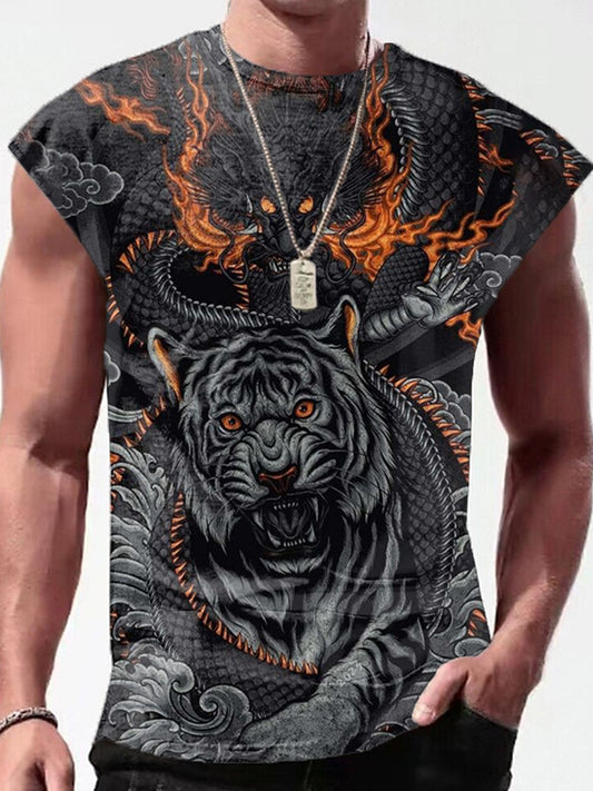 Dark Dragon And Tiger Fighting Print Men's Sleeveless Vest