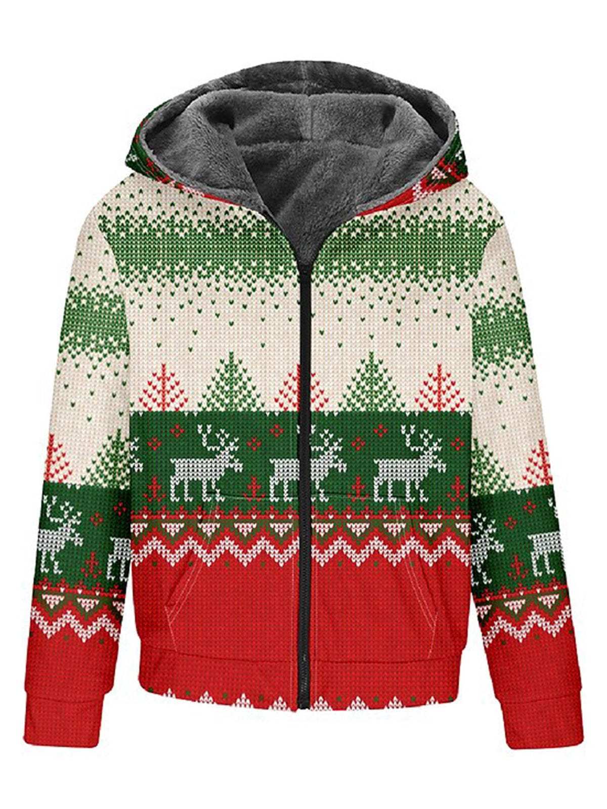 Christmas Elk Print Casual Hooded Zip Jacket