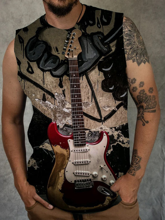 Dark Rock Guitar Print Men's Sleeveless Crew Neck Vest 