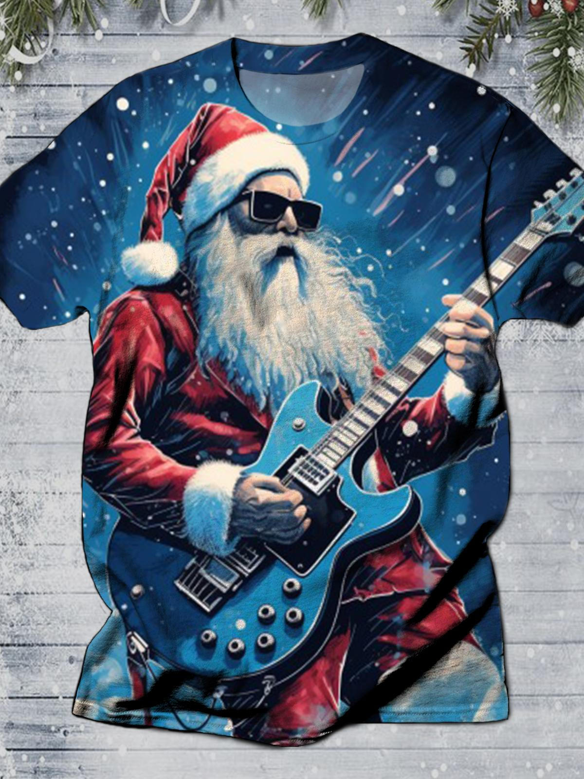 Santa Claus Playing Guitar Print Round Neck Short Sleeve Men's T-shirt