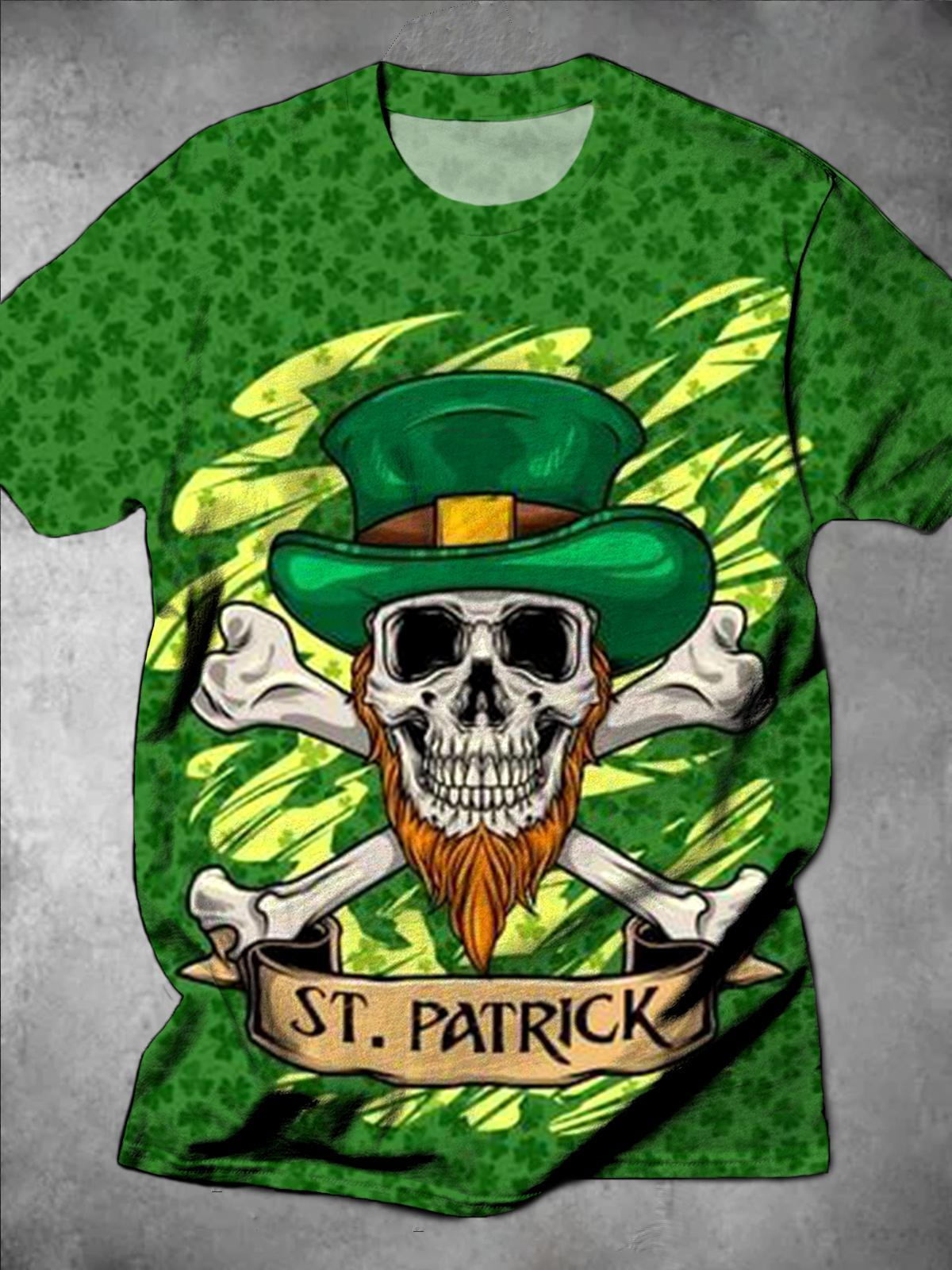 St. Patrick's Day Skull Clover Print Men's Short Sleeve Crew Neck T-Shirt