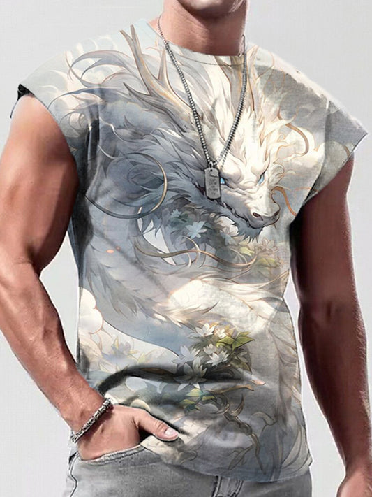 White Gold Dragon Print Men's Sleeveless Vest