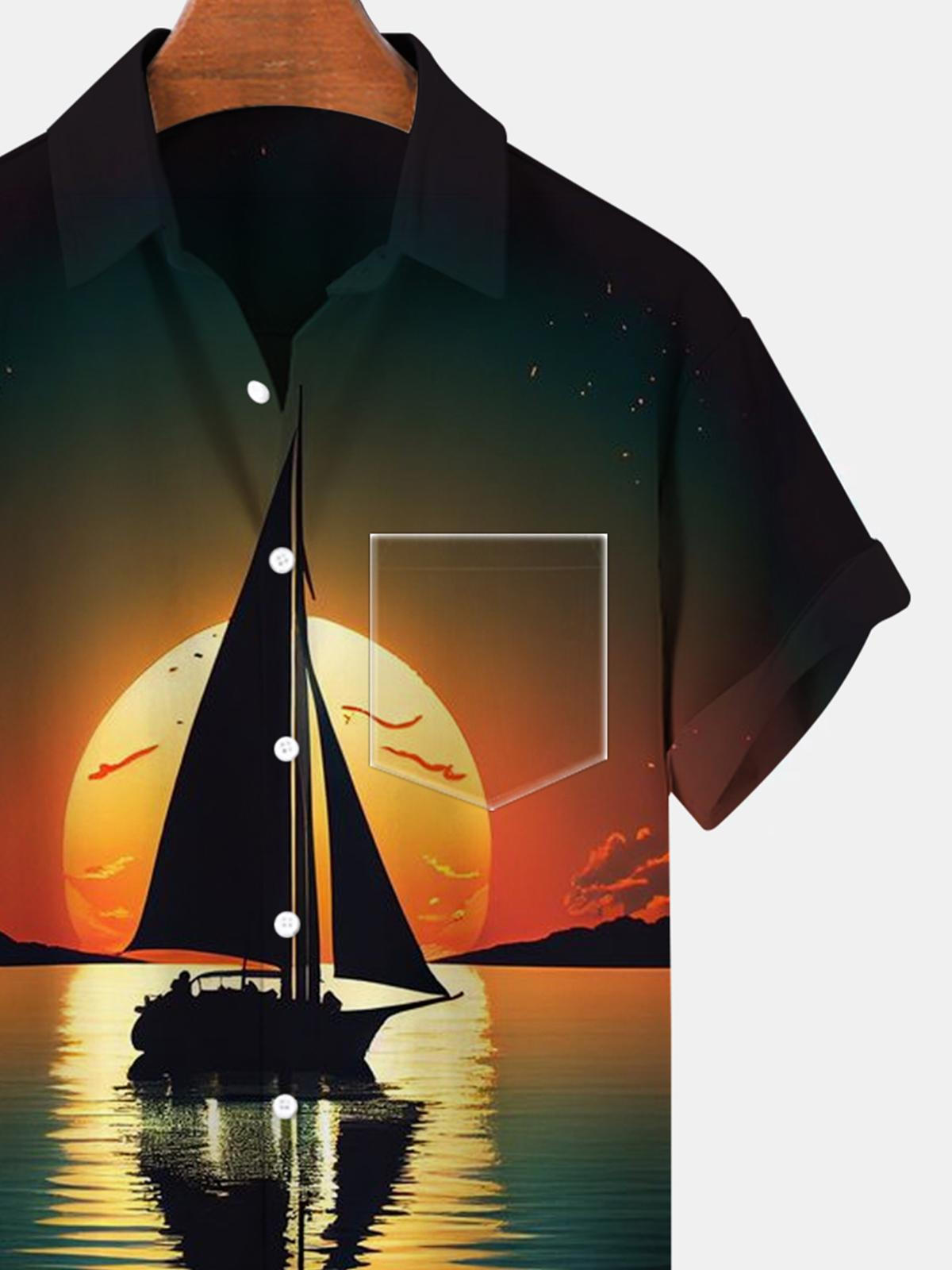 Boat Sunset Short Sleeve Men's Shirts With Pocket