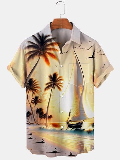 Beach Sailboat Short Sleeve Men's Shirts With Pocket