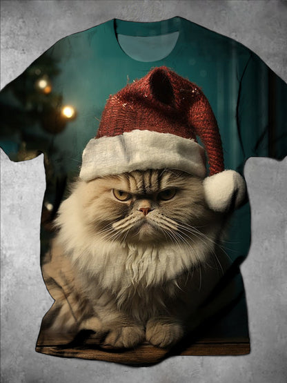 Christmas Cat Print Round Neck Short Sleeve Men's T-Shirt