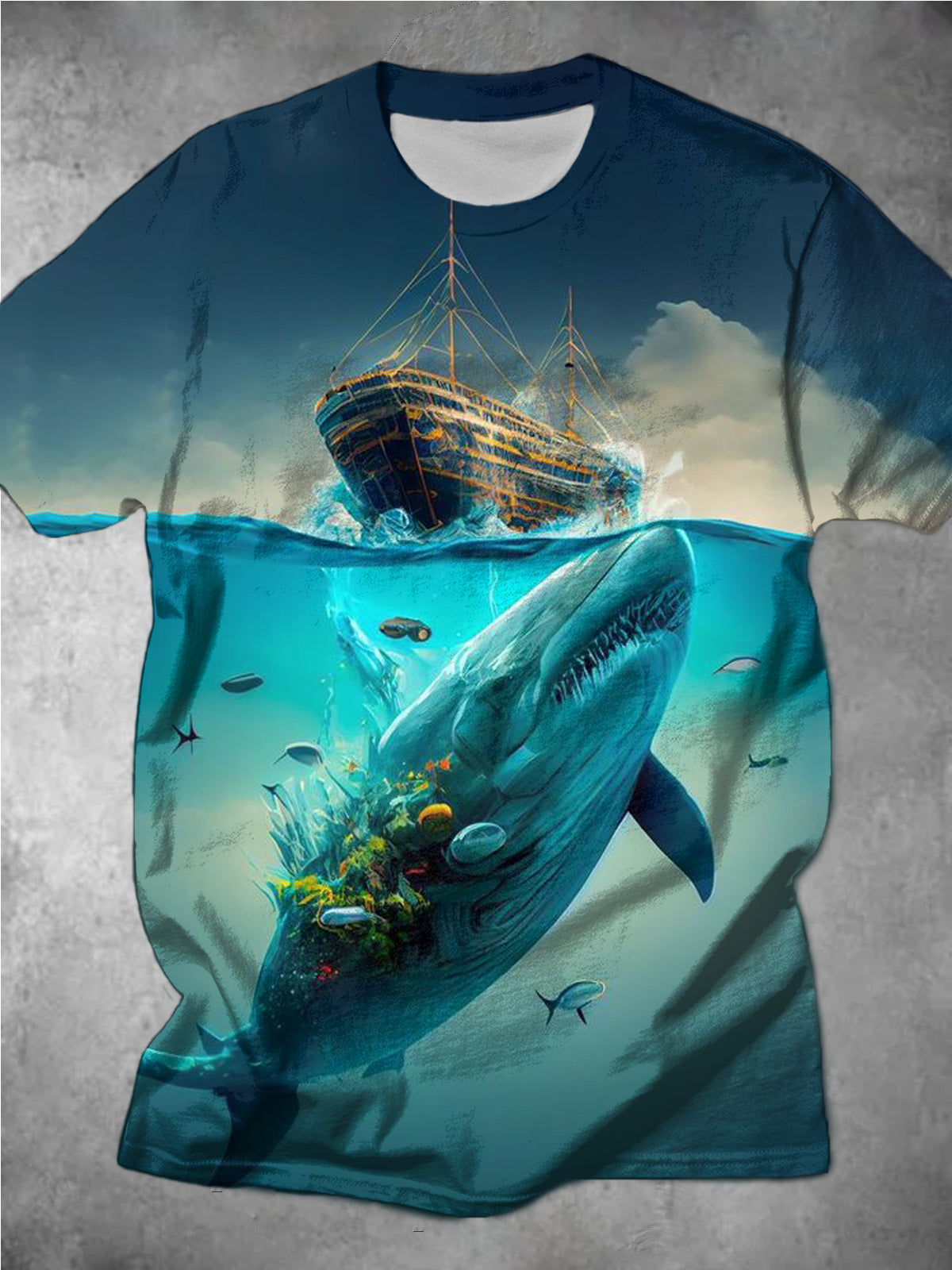 Ocean Shark Personalized Print Round Neck Short-Sleeved T-Shirt