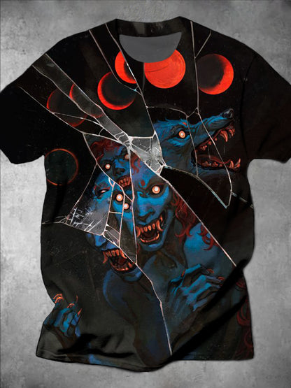 Dark Werewolf Print Round Neck Short Sleeve Men's T-Shirt