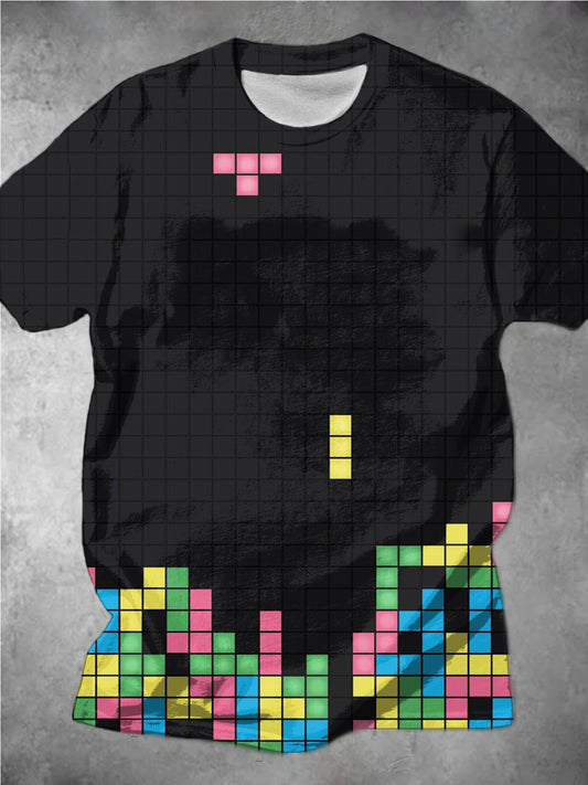 Tetris Print Casual Round Neck Men's T-Shirt
