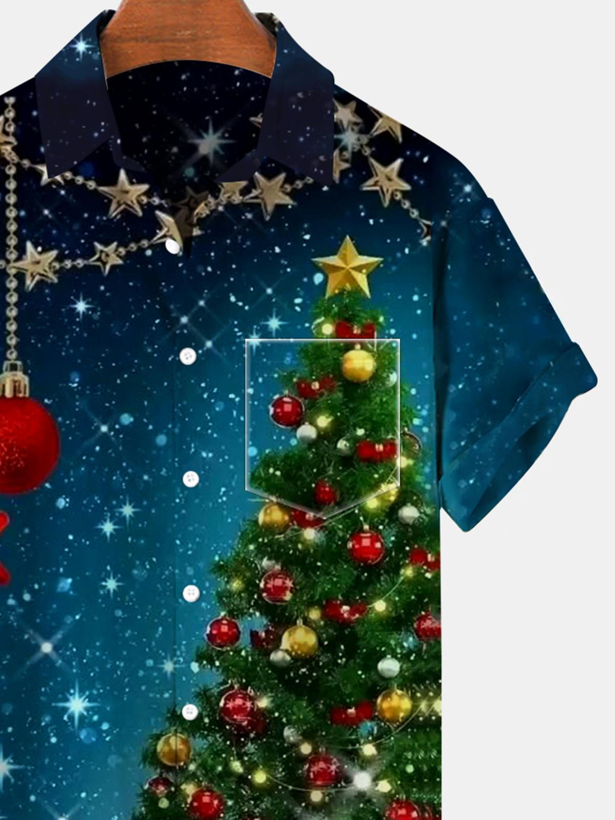 Christmas Tree Star Short Sleeve Men's Shirts With Pocket