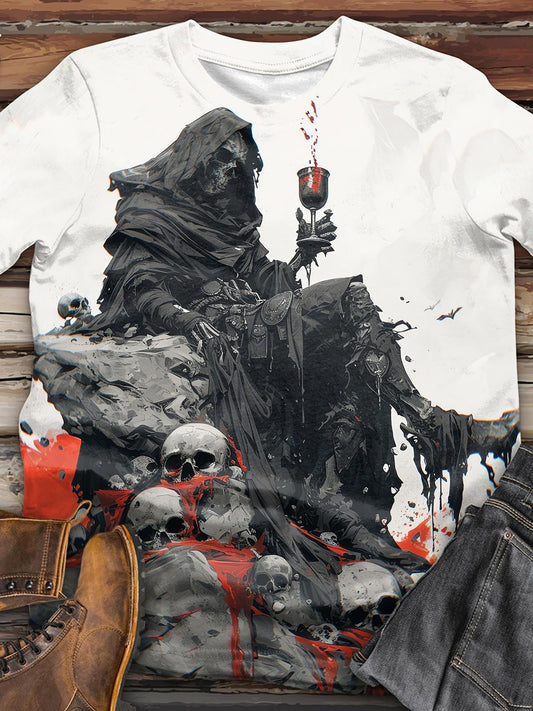 Dark Red Wine Glass Skull Print Men's Short-Sleeved T-Shirt