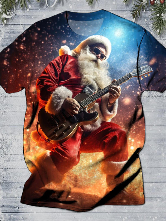 Rock Santa Playing Guitar Round Neck Short Sleeve Men's T-shirt