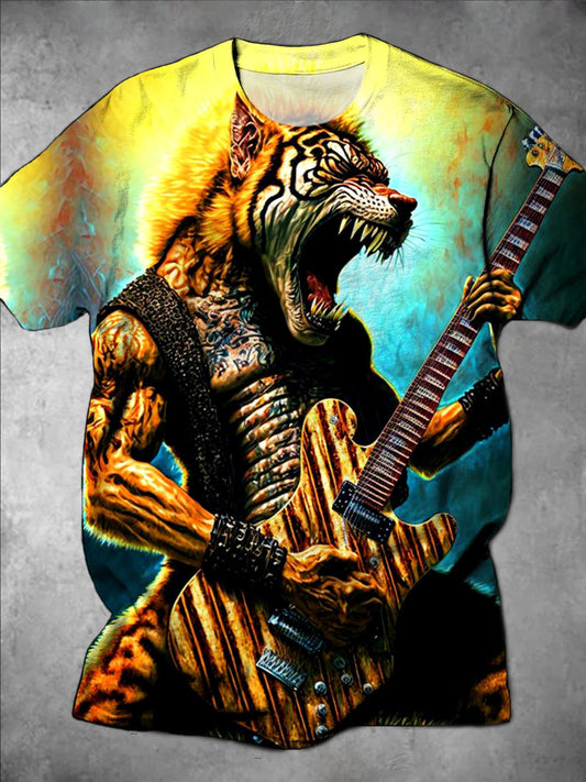 Rock Animal Tiger Playing Guitar Print Round Neck Short Sleeve Men's T-shirt