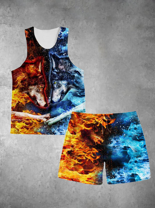 Wolf Print Men's Suit Sleeveless Round Neck Vest + Shorts