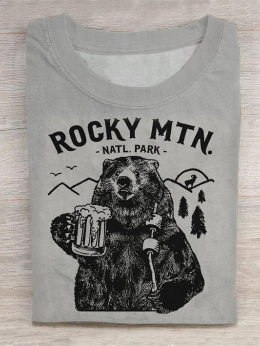 Rocky Mountains Vintage Cool Bear Round Neck Short Sleeve Men's T-shirt