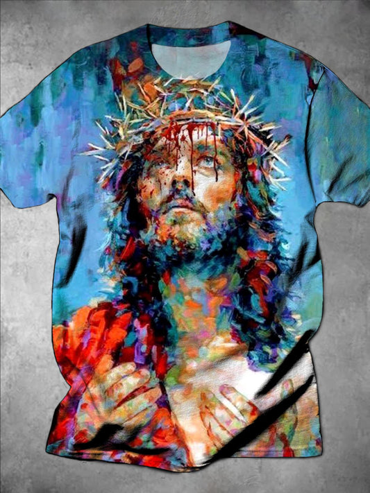 Jesus Print Round Neck Short Sleeve Men's T-shirt