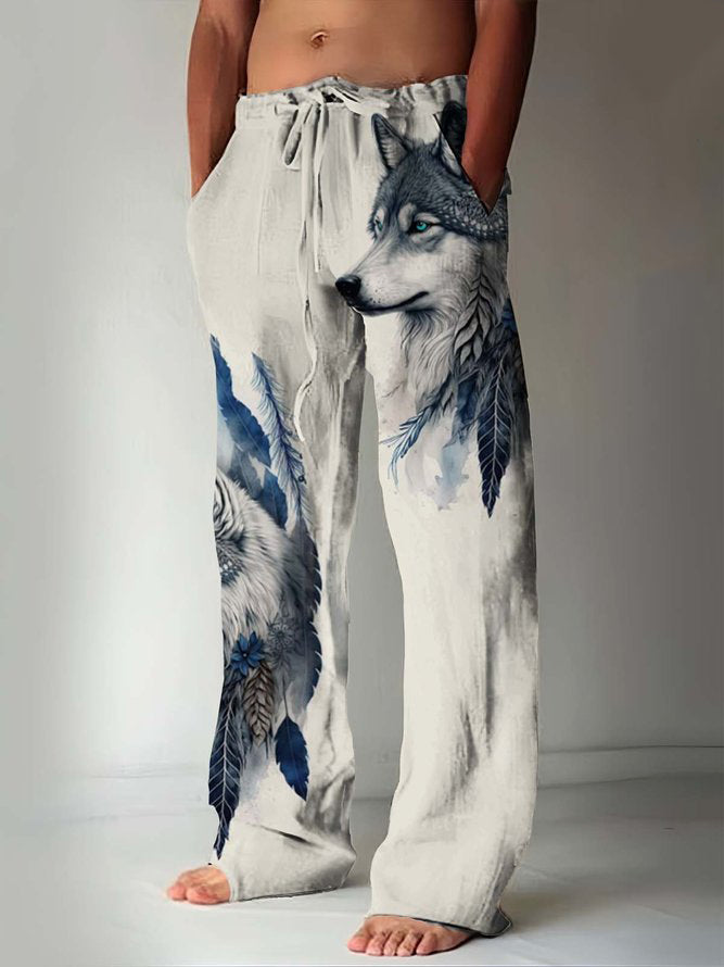 Men's Wolf Totem Print Casual Trousers