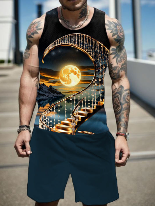Moon Spiral Staircase Print Men's Suit Sleeveless Round Neck Vest + Shorts