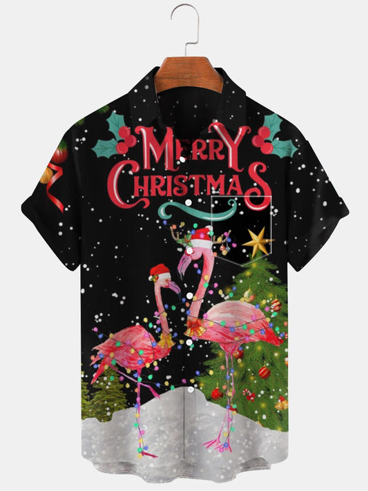 Christmas Flamingo Short Sleeve Men's Shirts With Pocket