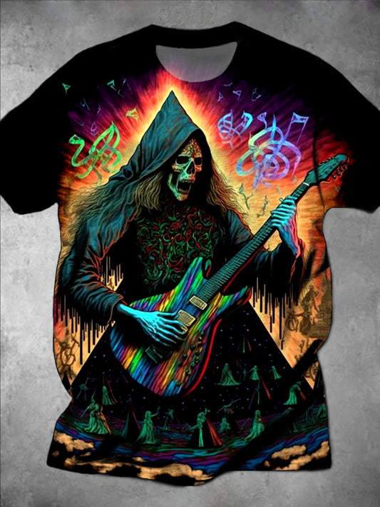 Rock Skull Playing Guitar Round Neck Short Sleeve Men's T-shirt