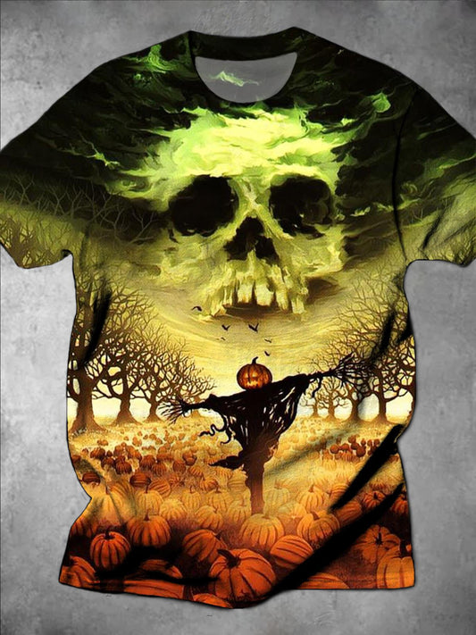 Halloween Pumpkin Scarecrow Print Round Neck Short Sleeve Men's T-Shirt