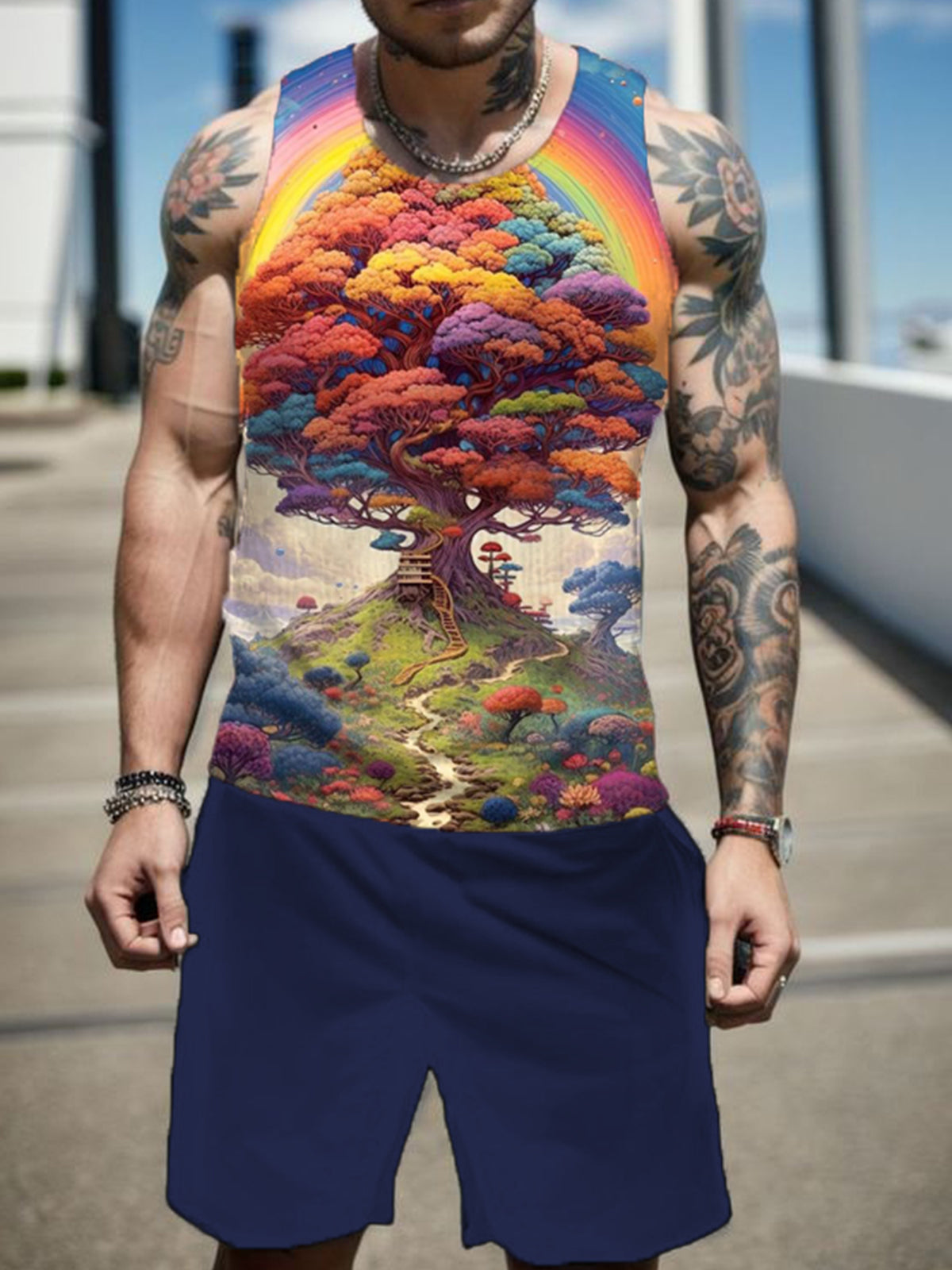 Rainbow Tree Of Life Men's Suit Sleeveless Round Neck Vest + Shorts