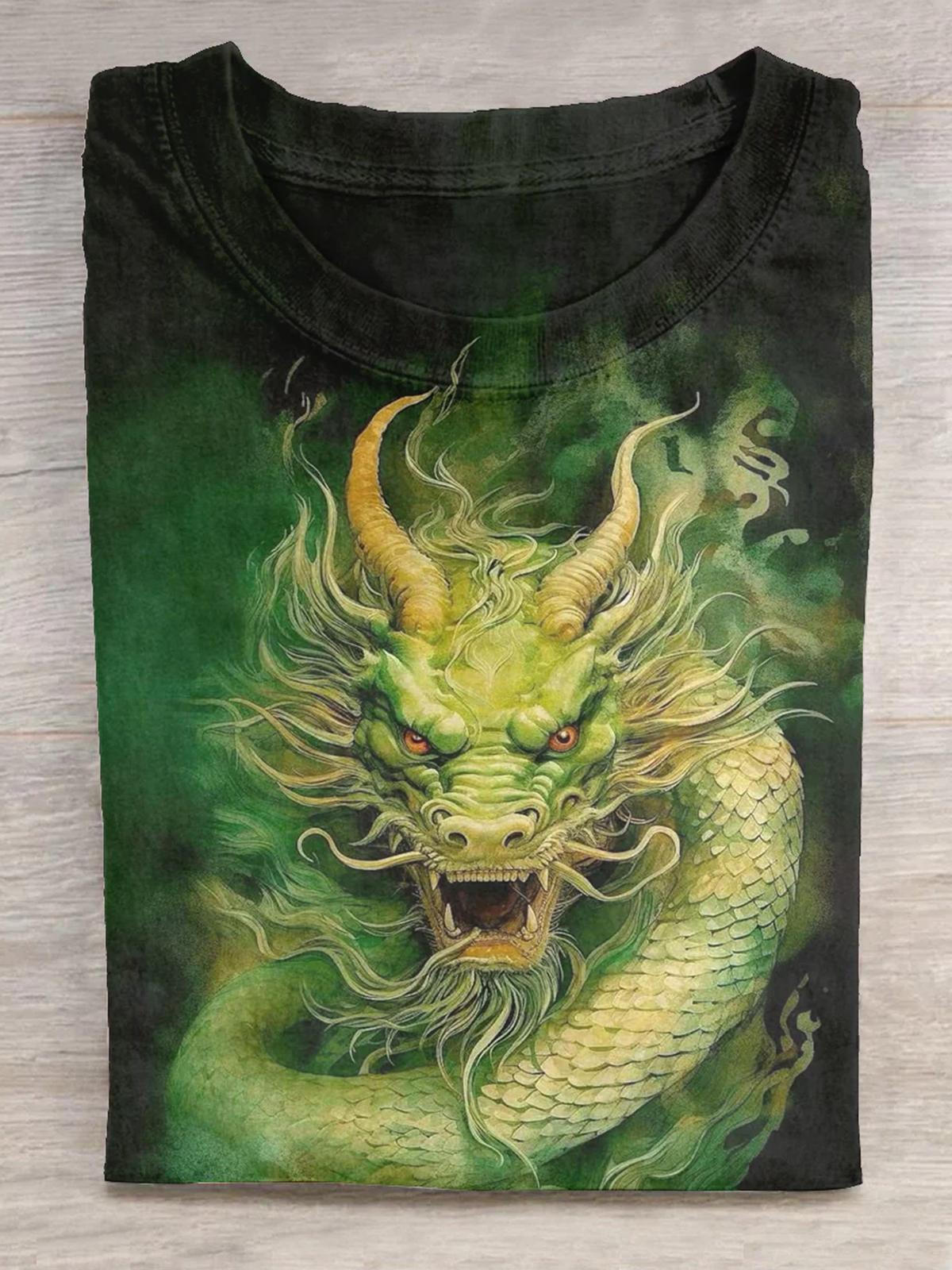 Green Dragon Print Men's Round Neck T-Shirt