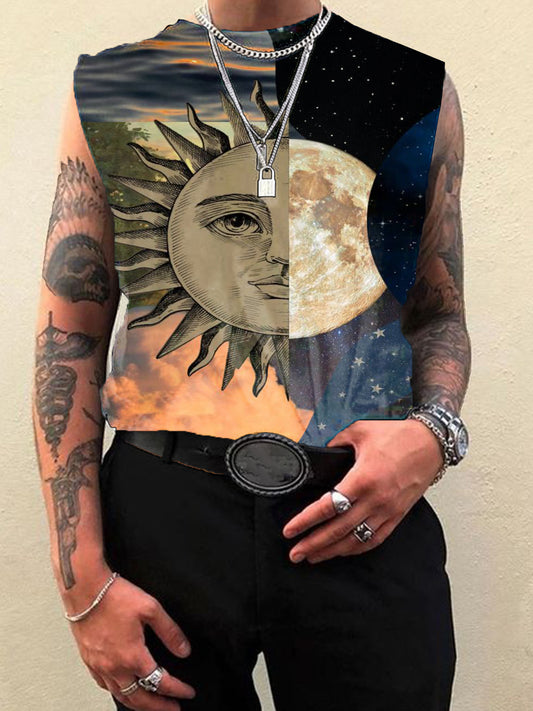 Sun And Moon Patchwork Men's Sleeveless Printed Vest