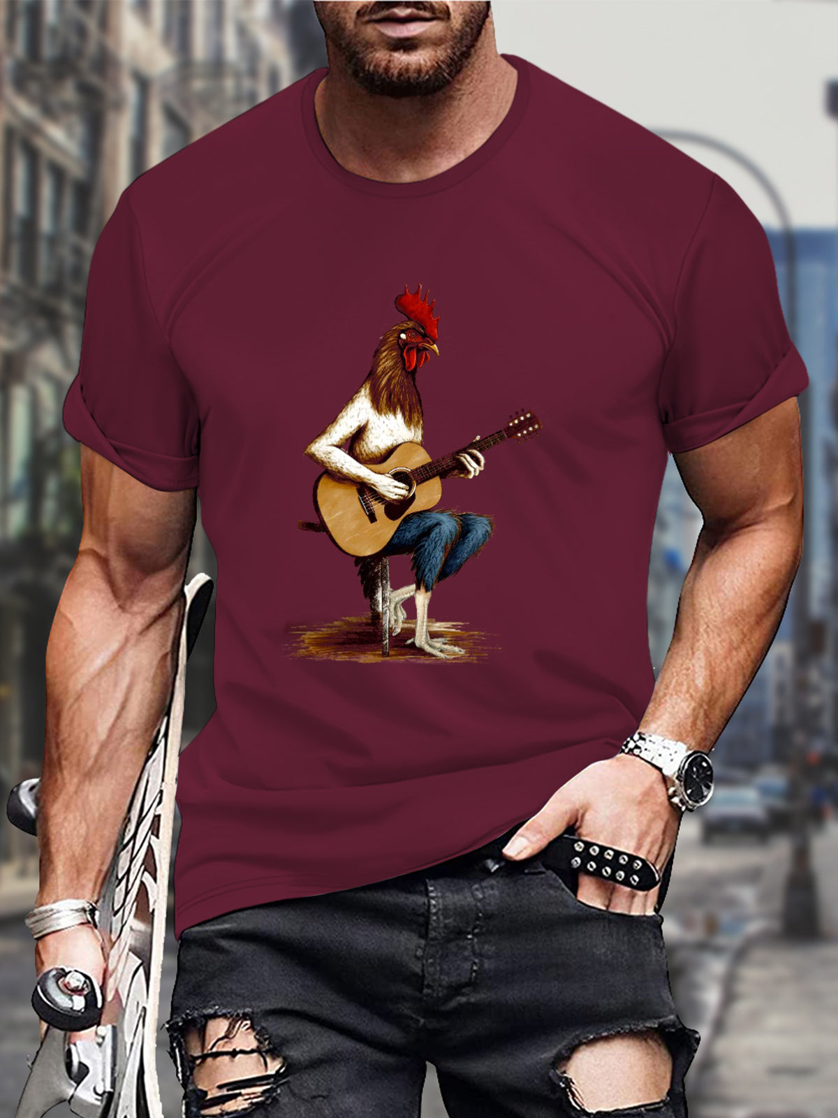 Chicken Guitarist Print Round Neck Short Sleeve Men's T-shirt
