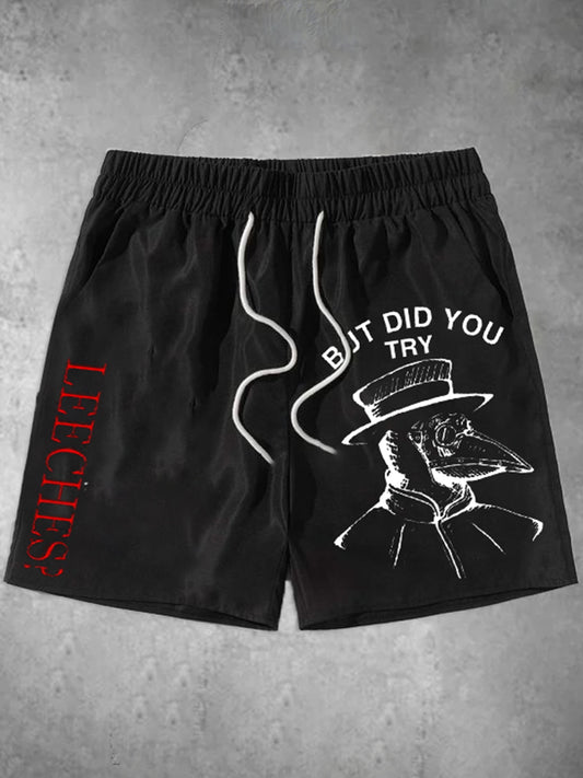 Black Death Slogan Crow Print Men's Shorts