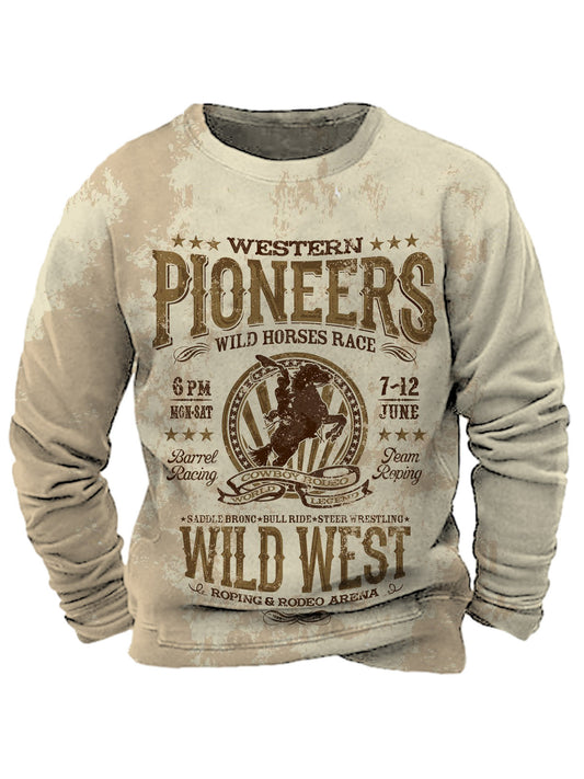 Western Pioneer Print Round Neck Long Sleeve Men's Top