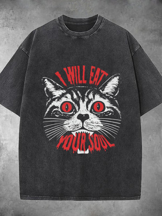 I'll Eat Your Soul Cat Print Washed Short Sleeve Round Neck Men's T-Shirt