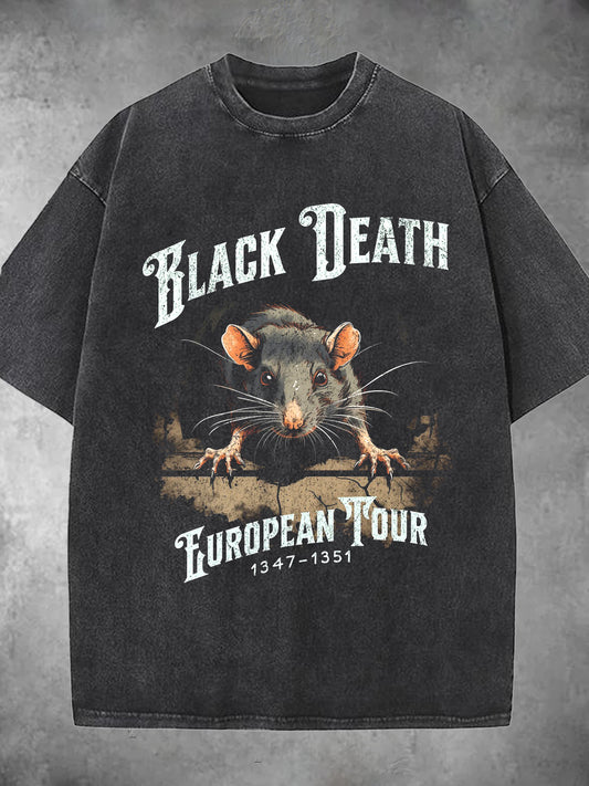 Black Death European Tour Print Washed Short Sleeve Round Neck T-shirt