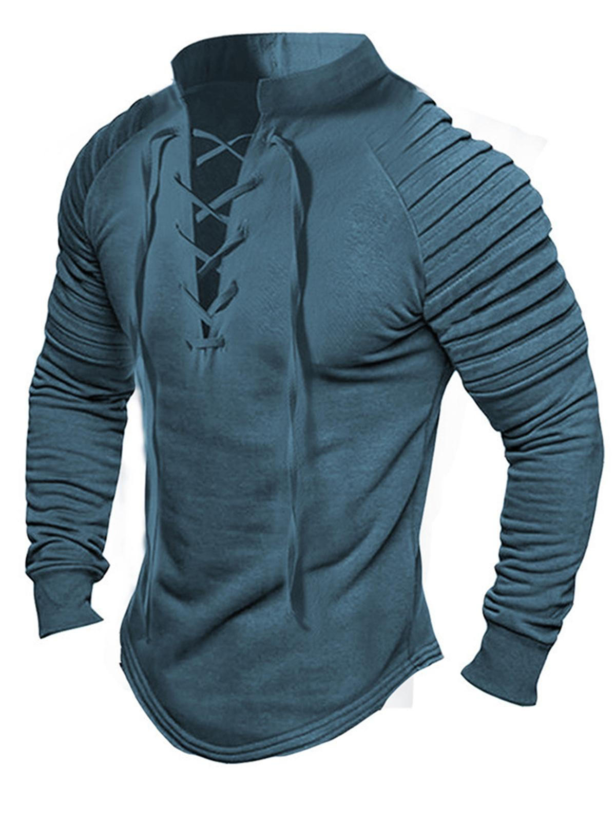 Casual Plain V-Neck Pleated Long Sleeve Men's T-shirt