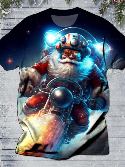 Santa Claus Riding Motorcycle Round Neck Short Sleeve Men's T-shirt