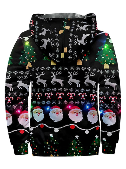 Christmas Neon Print Casual Hooded Zip Jacket