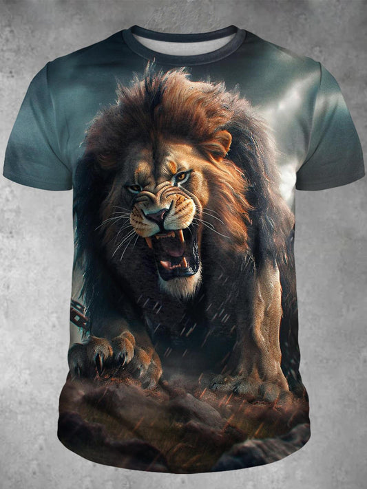 Chain Lion Print Round Neck Short Sleeve Men's T-Shirt
