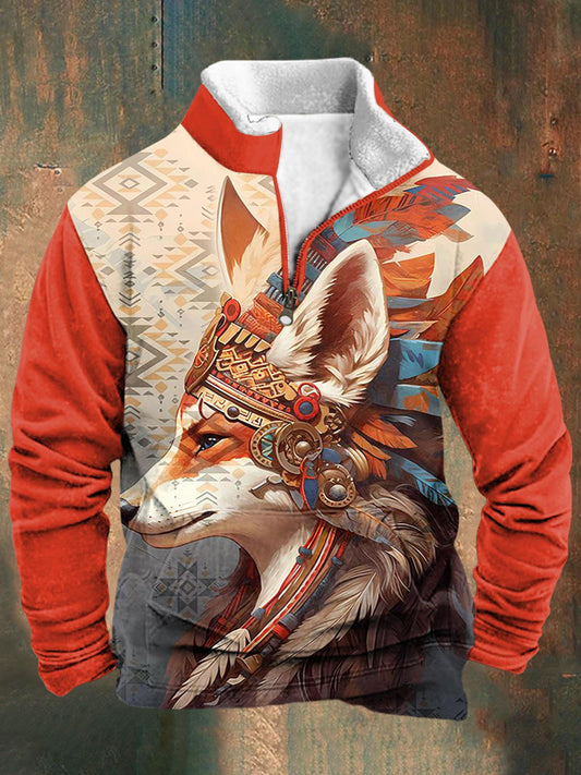 Western Style Colorful Fox Print Men's Long-Sleeved Stand Collar Zipper Sweatshirt