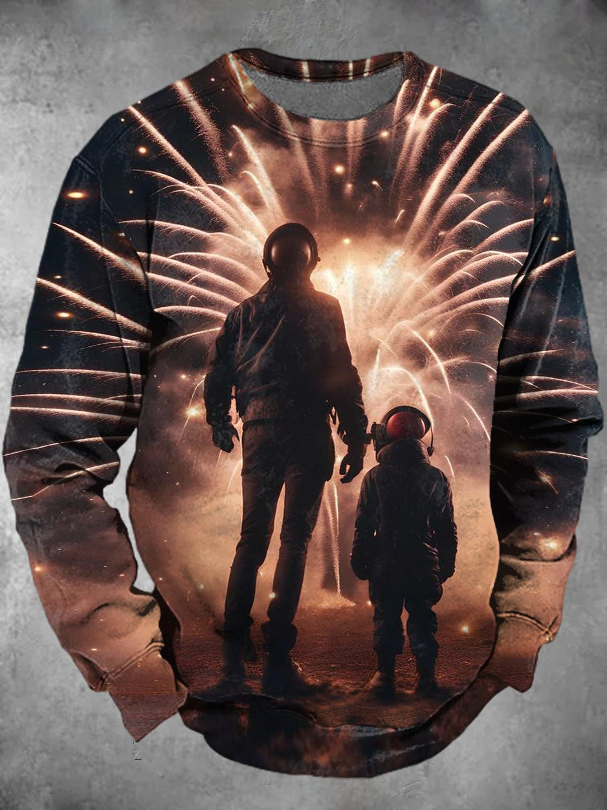 Father And Son Watching Fireworks Print Round Neck Long Sleeve Men's Sweatshirt