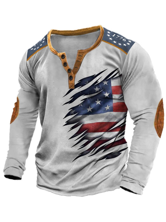 Casual American Flag Print V-Neck Long Sleeve Men's T-Shirt