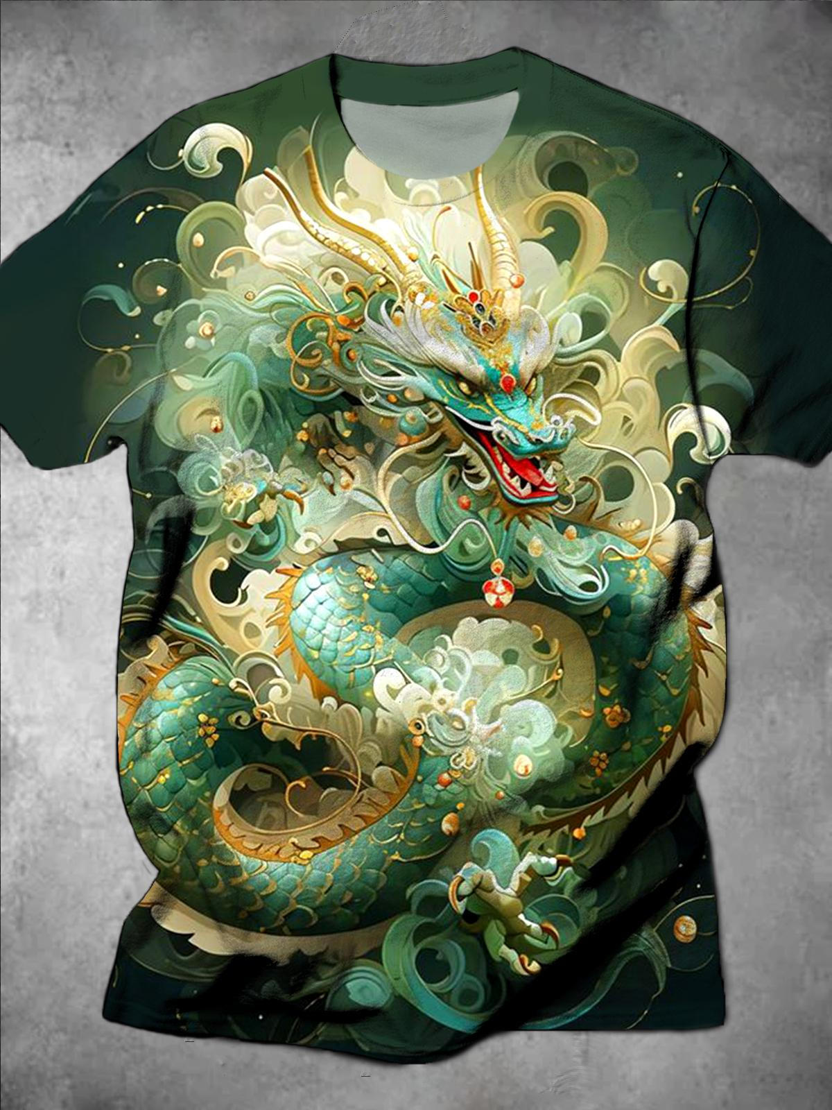 Dragon Print Round Neck Short Sleeve Men's T-shirt