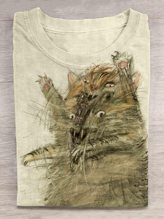 Vintage Cut Cat Print Round Neck Short Sleeve Men's T-shirt