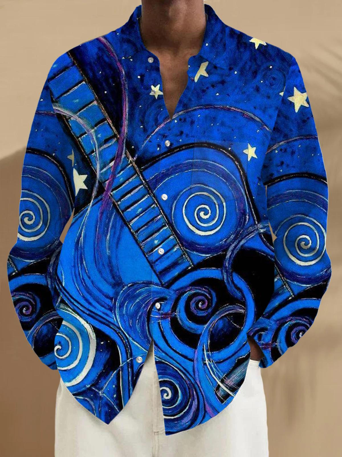Musical Instrument Star Print Long Sleeve Men's Shirts With Pocket