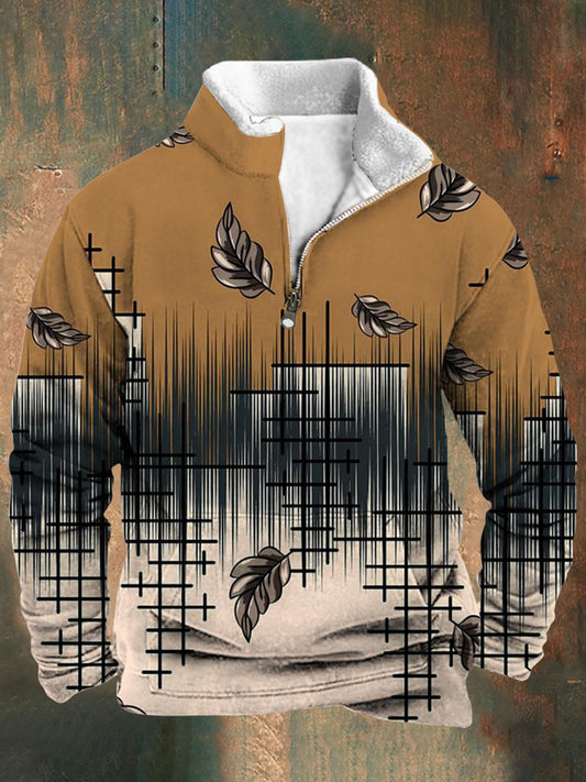 Leaf Print Men's Long Sleeve Stand Collar Zipper Sweatshirt
